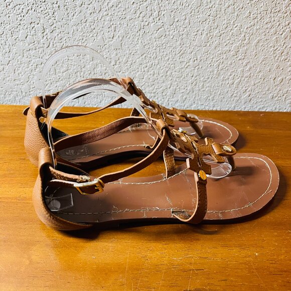 Tory Burch Phoebe Womens Brown Leather Ankle Strap Flat Thong Sandals Size 8 - Picture 3 of 12